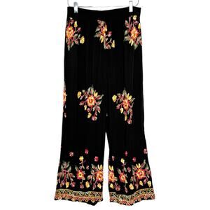 LIV Los Angeles XL Embroidered Wide Leg Pants Black Floral Boho Pull On Comfy